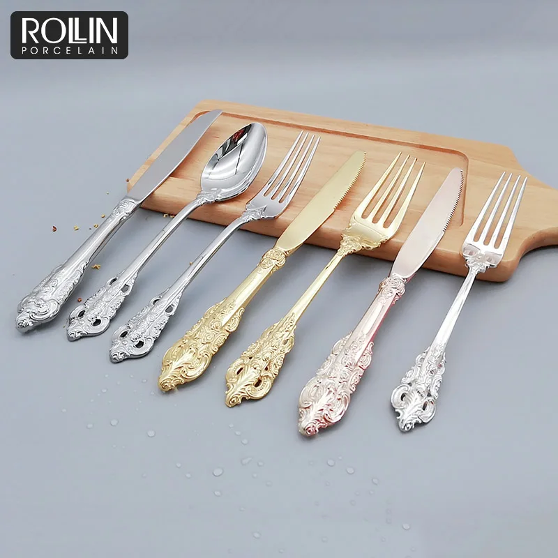 Поставщик столовых приборов, рождественская посуда, набор столовых приборов из нержавеющей стали 304, золотые ножи и вилки для ресторанов