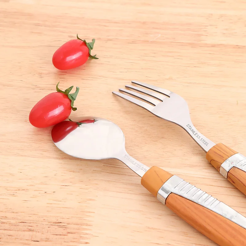 24 шт. оптовая продажа столового серебра из нержавеющей стали Cuchara Juegos De Cubiertos с деревянной ручкой, набор столовых приборов, нож, вилка, ложка, набор столовых приборов