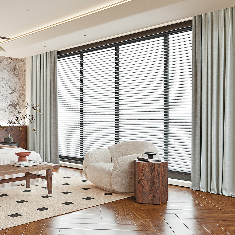 Pleated Blackout Fabric Window Shades Ripple Fold Hotel Drapes Flame Retardant Grey and Black Window Curtains for Living Room