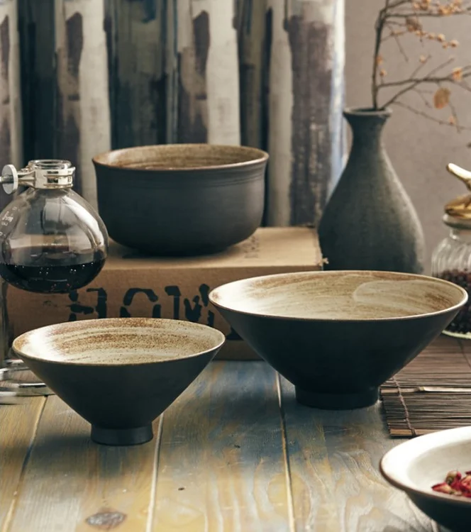 Household Dishes and Dishes Black Ramen Bowls Chinese Creative Special Tableware Set Retro Ceramic Tableware