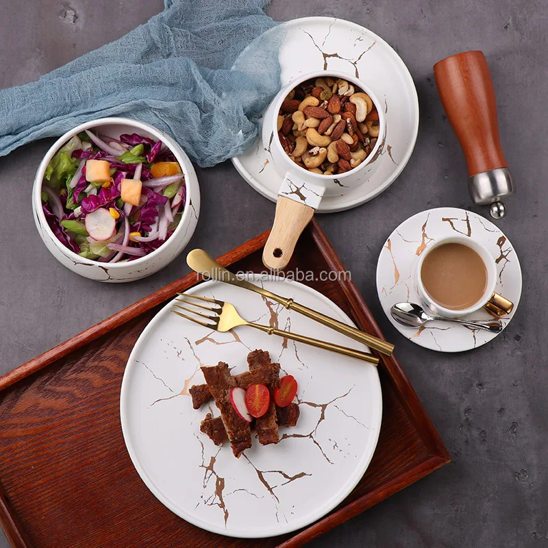 Черный обеденный сервиз Керамическая посуда Керамические тарелки и миски Мраморный обеденный сервиз Черная керамическая посуда