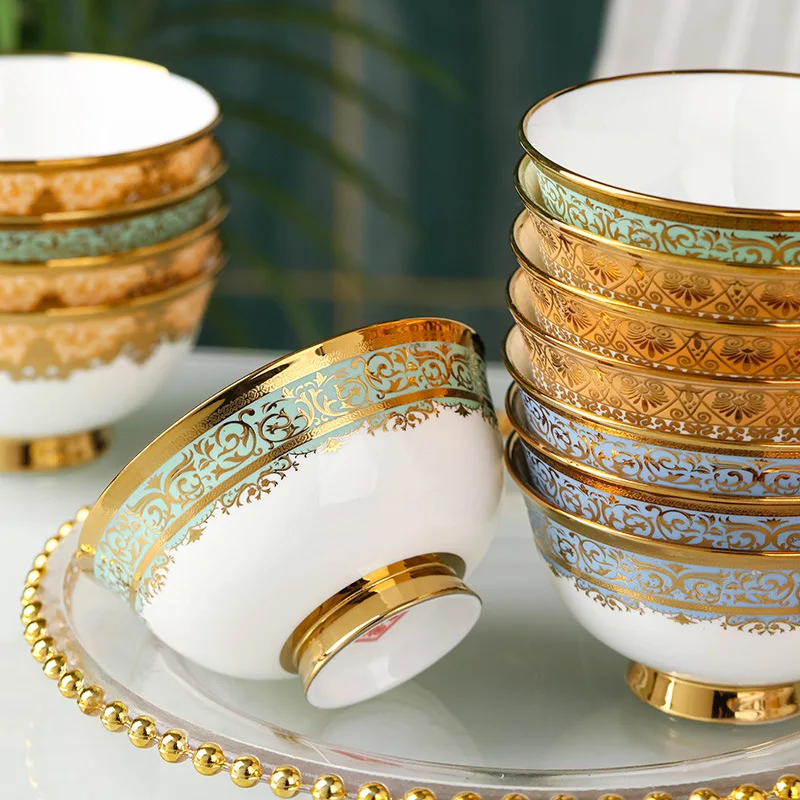Luxury Hotel Dinnerware Porcelain Bowl Customized 4.5 Inch Gold Rim Glazed Ceramic Dinner Rice Serving Bowls