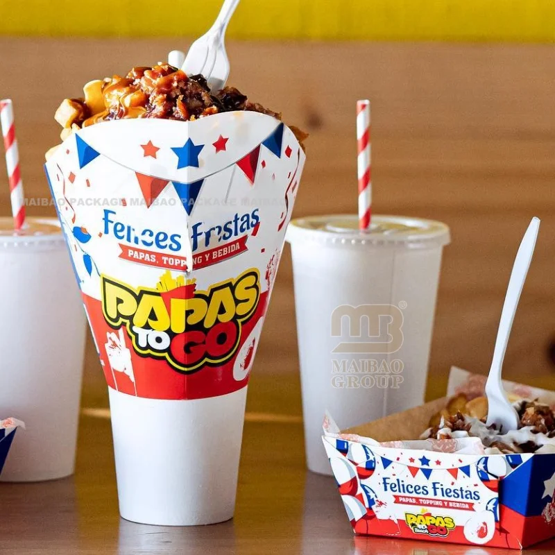 Бумажный веер с принтом на заказ для чашек. Одноразовые чашки для горячей еды. Держатель бумажного конуса для картофеля фри. Papas Fritas. Чашка для закусок и напитков 2 в 1.