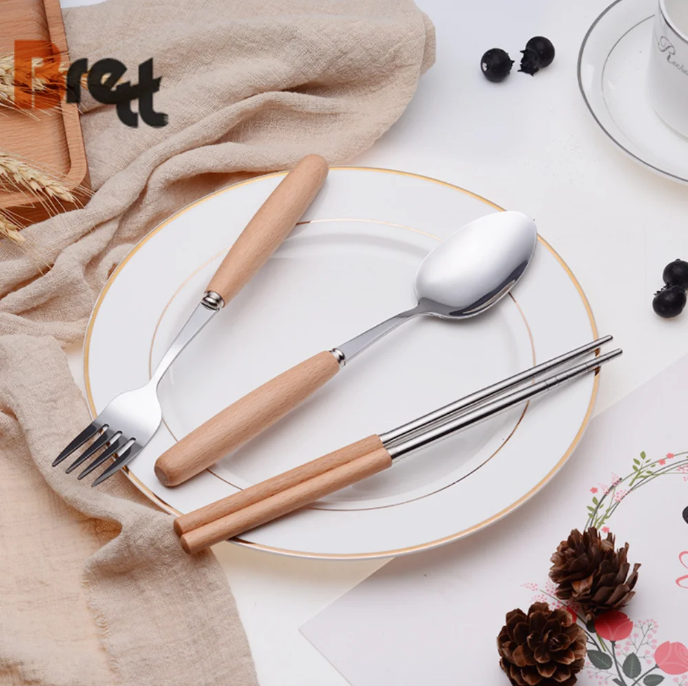 Детская посуда, портативная, 3 шт., столовые приборы из нержавеющей стали с деревянной ручкой, детский набор столовых приборов, ложка для супа, вилка, палочки для еды