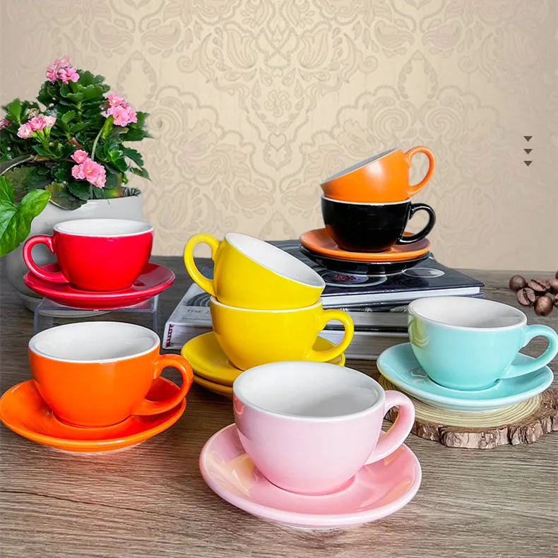 Customized Ceramic Mug Saucer Set Tea Water Colored Glazed Latte Cappuccino Cups Reusable Porcelain Espresso Mugs Printed Logo