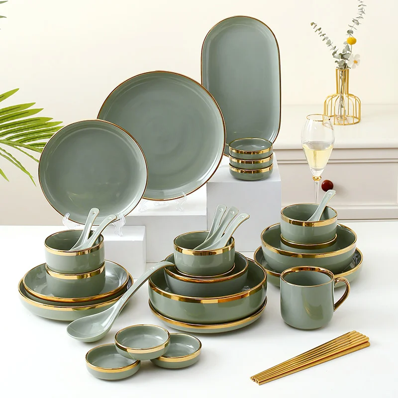 35-летний фабричный набор фарфоровых тарелок, набор столовой посуды, фарфоровый набор из зеленого золота, ресторан, супермаркет, керамические золотые тарелки