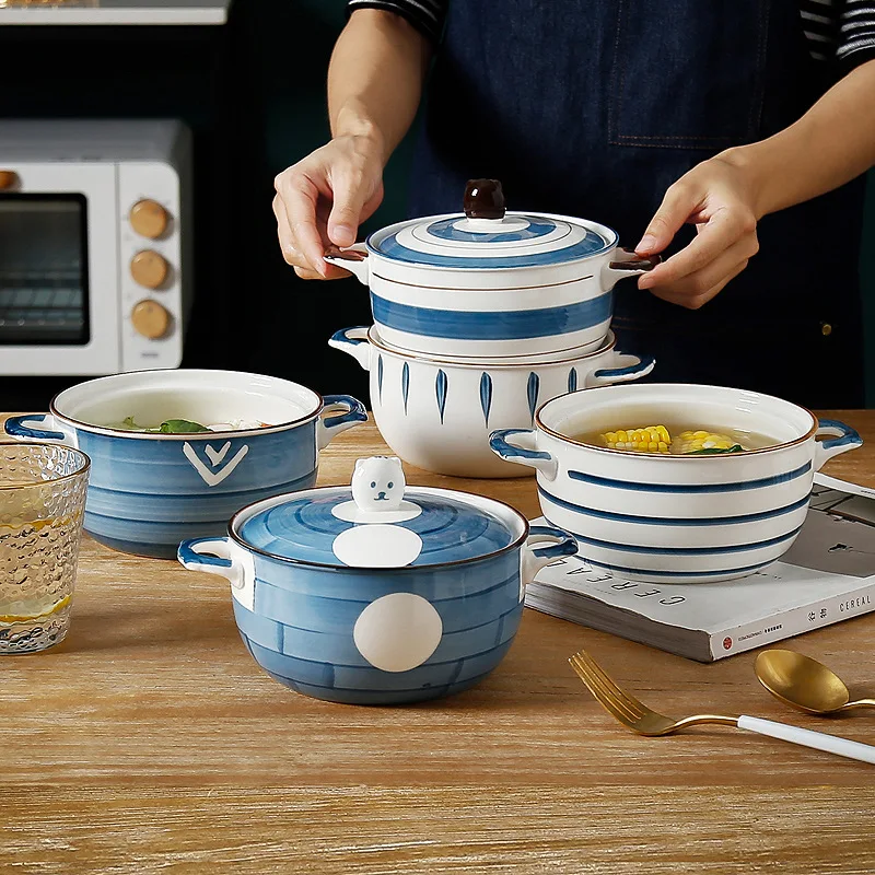 Large Pure White Double-Eared Bone China Ramen Bowl Lid Sustainable Palace Basin Soup Bowl Set Europe Personal Household Use