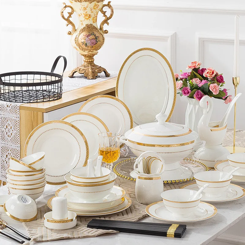 60 PCS Gold Rim Bone China Porcelain Dinner Plate Set Luxury Ceramic Tableware Sets