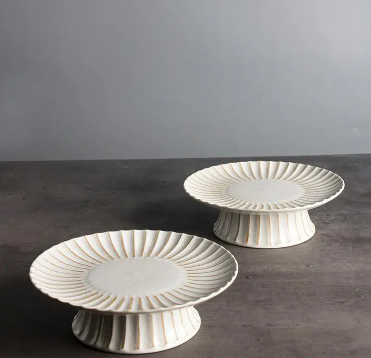 Eco-Friendly Stoneware Tableware Japanese High Foot Plate and Chinese Snack Plate Fruit Ceramic Dinnerware Sets