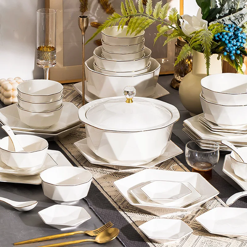 Chinese Factory Price Dish Set Custom Hexagonal White Food Plates Set Dinnerware Tableware Set With Gift Box