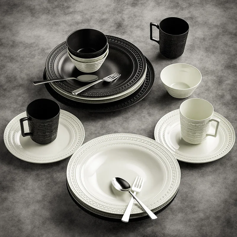 Vintage Embossed Stoneware Dinnerware Sets Black White Crockery Relief Cups Dishes Plates and Bowls Set Ceramic Tableware Sets