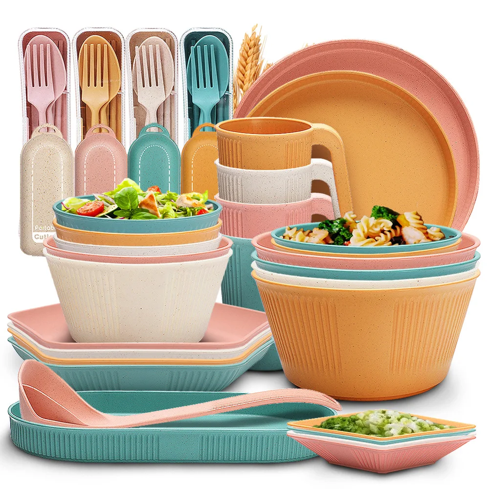 Изготовленный на заказ набор посуды из пшеничной соломы, многоразовый биоразлагаемый кухонный обеденный набор для оптовых заказов