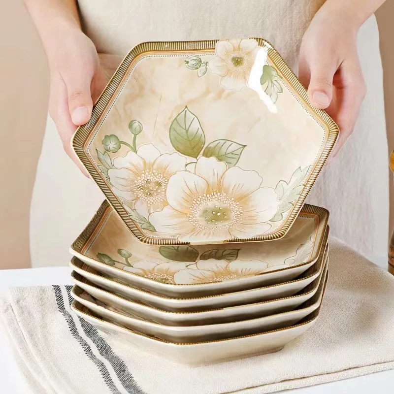 Wholesale 9-Inch Camellia Flower Antique Ceramic for Household Commercial Underglaze Color Hexagonal Plate Deep Dish