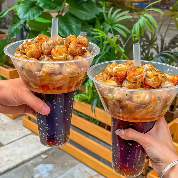 Одноразовая чашка для закусок, напитков с соломинкой, чашка для закусок с жареной курицей, чашка для тушеного мяса, оптовая продажа, пластиковая чашка для еды на вынос с подносом