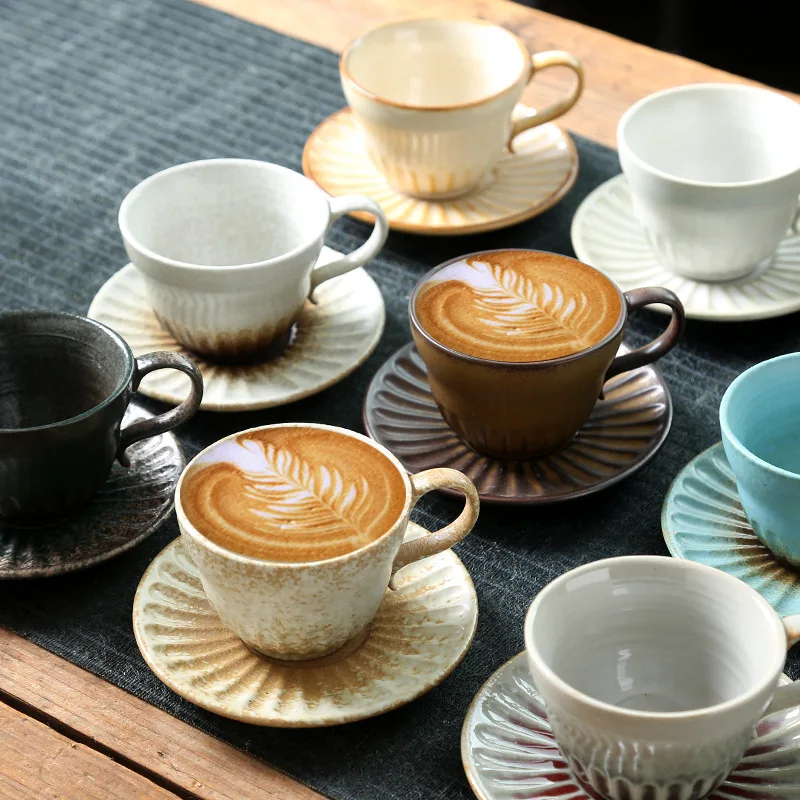 Retro 120ml Reactive Glaze Ceramic Espresso Cups Kiln Changing Glaze Afternoon Coffee Cup and Saucer Set