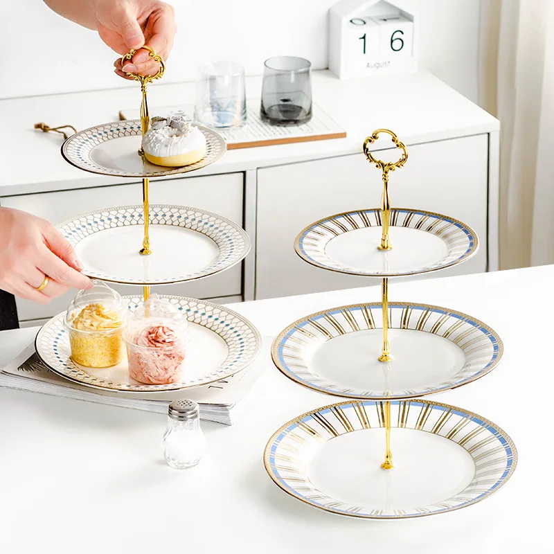 Luxury European Three-Layer Dry Fruit Tray Eco-Friendly Multi-Paneled Dessert Cake Table Pastry Ceramic Living Room Candy Plate