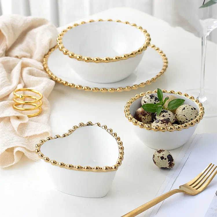 Luxury Bead Point White Ceramic Gold Rim Dinner Set Home Restaurant Heart Shape Bowl and Plates Crockery Dinnerware Sets
