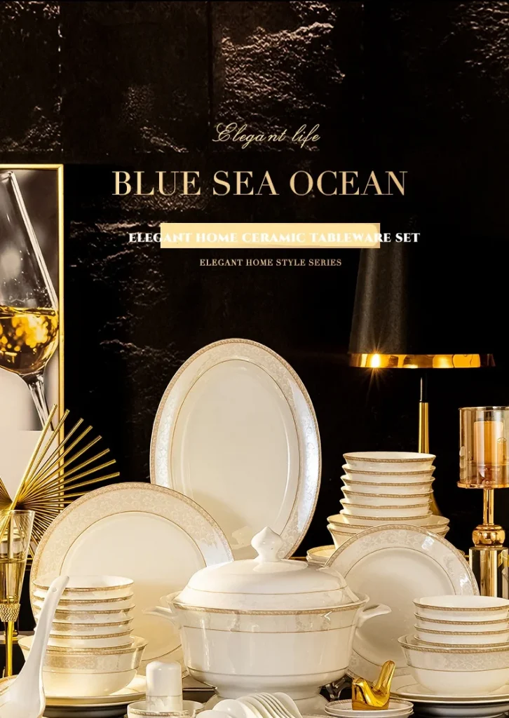 Luxury 60pcs Royal Porcelain Dinnerware Set Golden Bone China Ceramic Plates for Home or Wedding for Restaurants