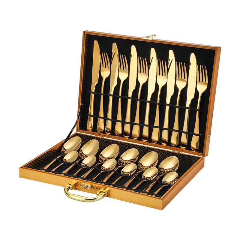 16/24PCS Stainless Steel European Western Steak Knife Fork Spoon Wood Handle Gift Set Cutlery Set