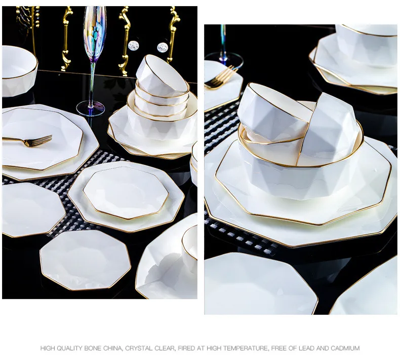 Luxury Nordic Tableware for Restaurant Royal Gold Rim Bone China Bowl Spoon Plates Sets White Diamond Ceramic Dinnerware