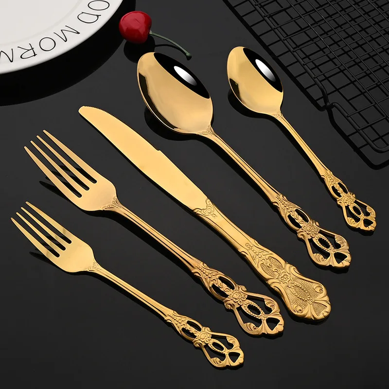 Luxury 5-Piece Stainless Steel Cutlery Set Hollow Silver and Gold Retro Western Tableware for Coffee Steak Knife Fork Spoon