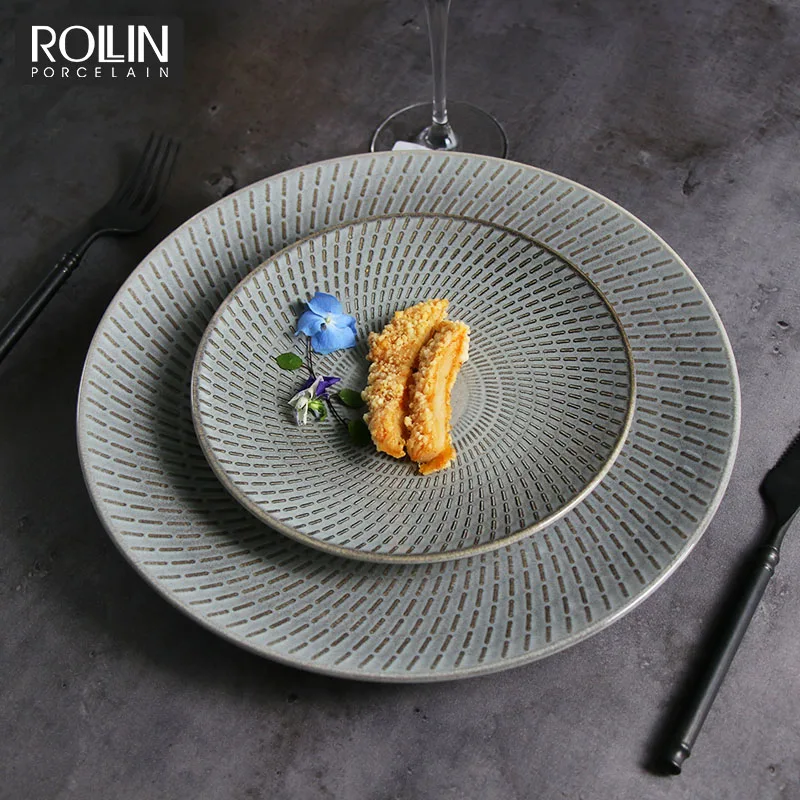 Керамические тарелки Посуда Посуда Круглая глубокая печь Серые фарфоровые боковые тарелки Обеденные тарелки для отелей и ресторанов