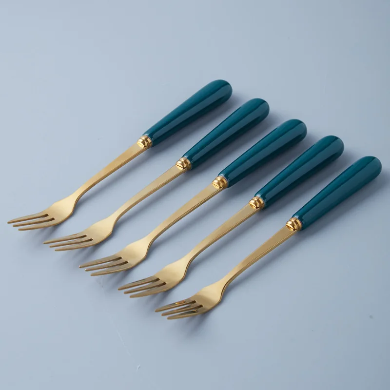 Gold Stainless Steel Cutlery Set Marble Ceramic Holder Ceramic Handle Flatware Dessert Fork Spoon