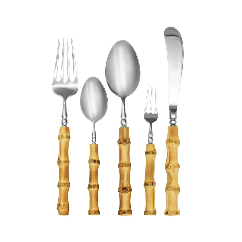 Прямая продажа с фабрики OEM ODM бамбуковый стиль вилка, ложка, нож, набор столовых приборов, столовые приборы для свадьбы, набор столовых приборов