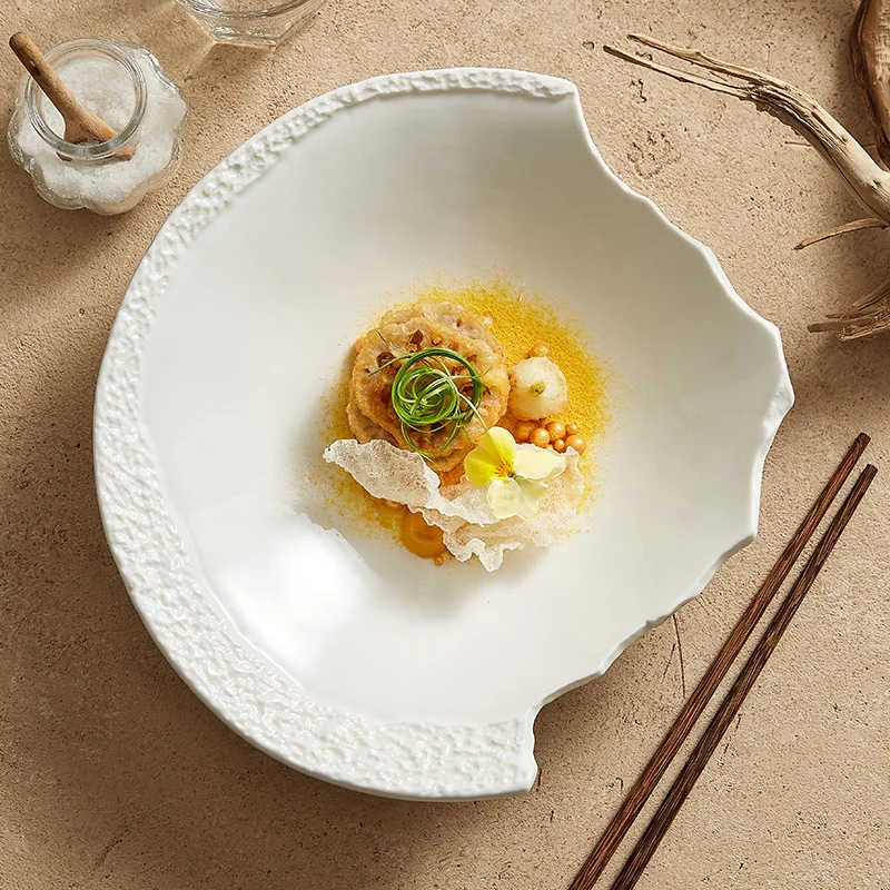 Unique Irregular White Dinner Plates Incompleted Ceramic Soup Salad Bowl for Restaurant Tableware