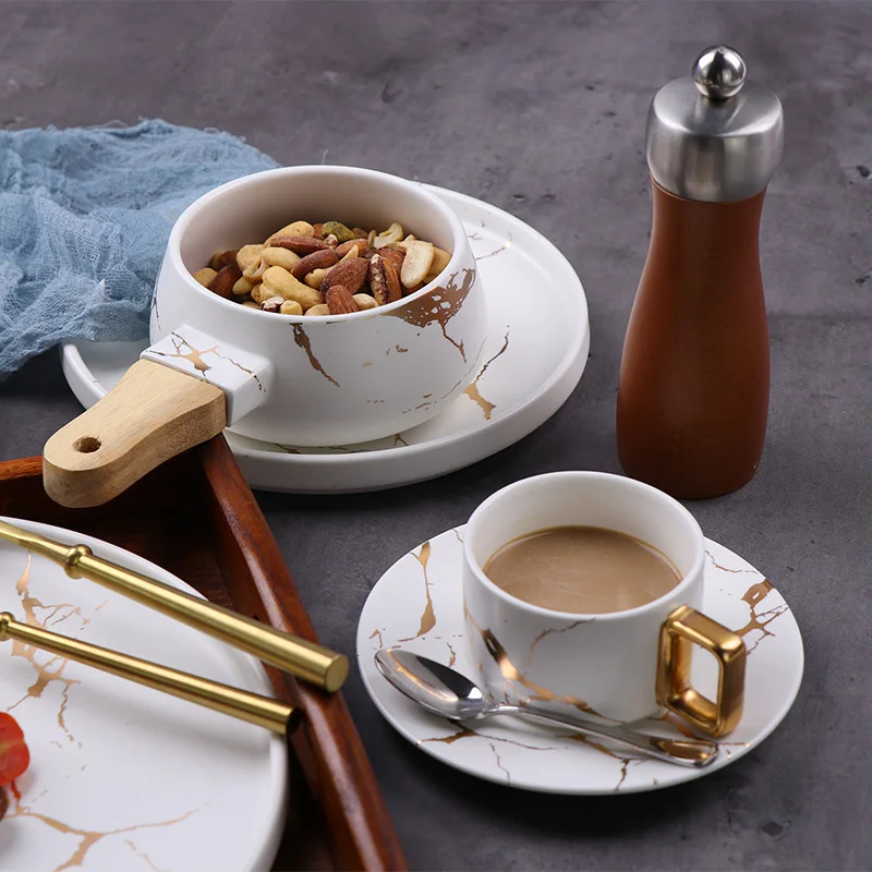 Роскошный обеденный сервиз с фарфоровой глазурью, керамическая чаша и тарелка, набор столовой посуды, мраморный обеденный сервиз для ресторана