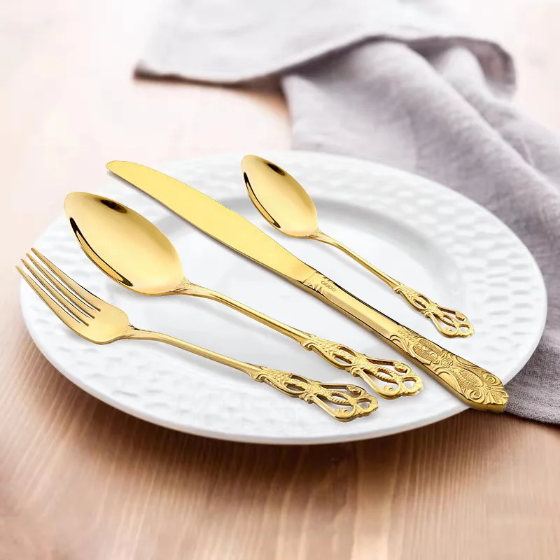 Набор столовых приборов из нержавеющей стали, набор ложек, королевский ресторан в стиле барокко, серебряная посуда, роскошный набор с полой ручкой, винтажные свадебные золотые столовые приборы