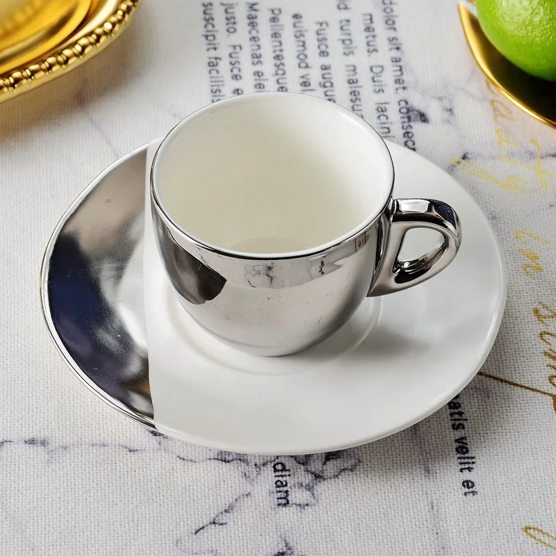 Modern European Design Silver Plated White Ceramic Tea Cups & Saucers Set Popular Afternoon Tea & Coffee Plate Design