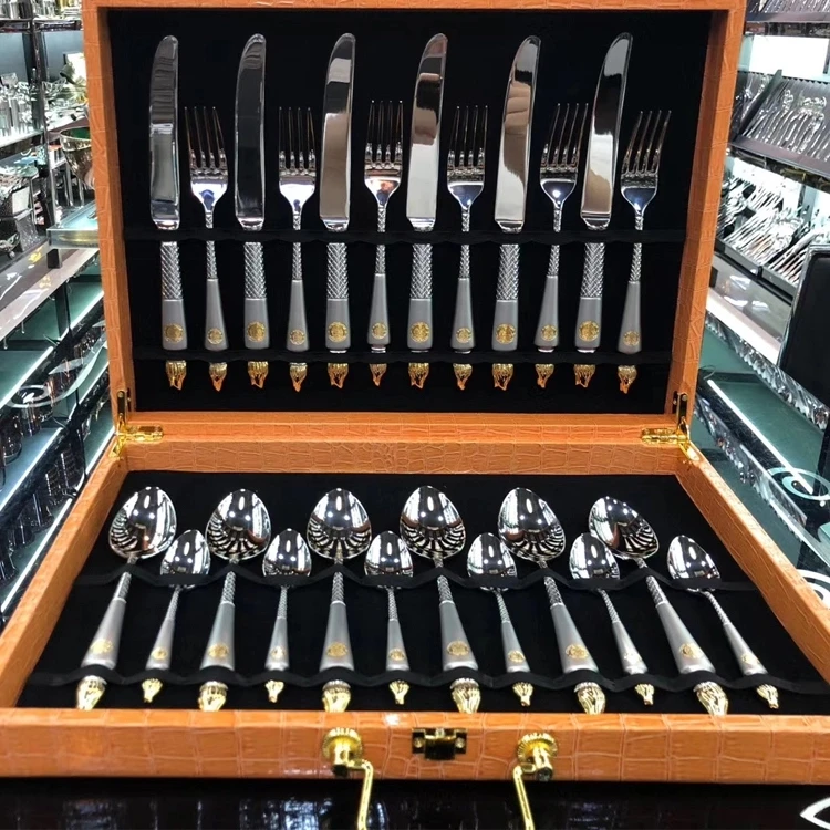 Роскошная посуда из 24-каратного золота, столовые приборы из нержавеющей стали для отелей, набор столовых приборов из 24 предметов для свадьбы с подарочной коробкой