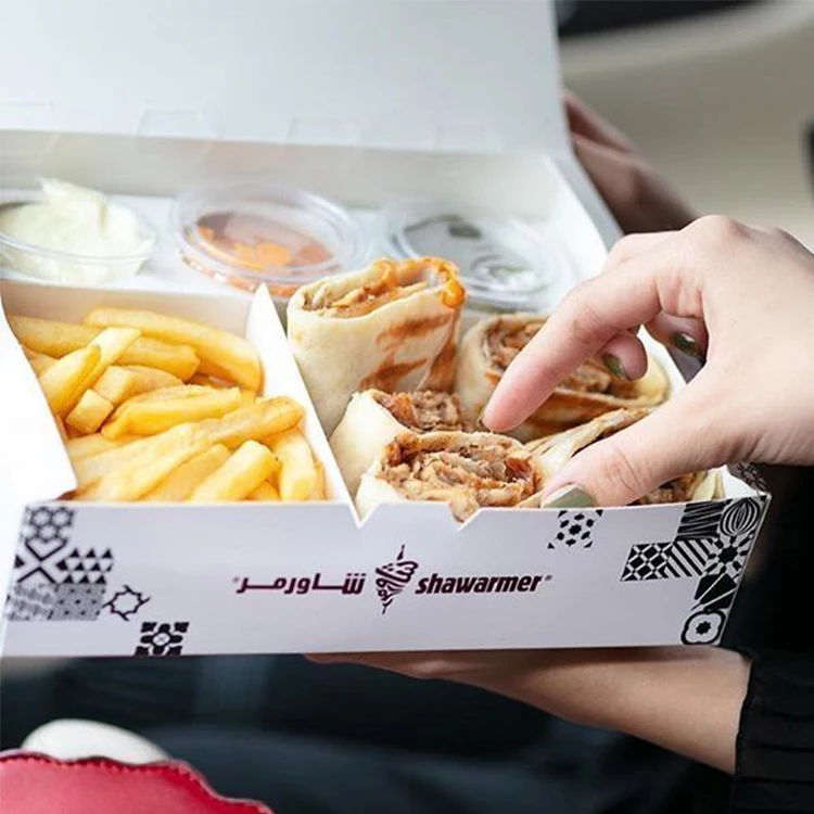 Изготовленные на заказ экологически чистые одноразовые коробки для бенто-того для обеда в Эмиратах для еды, комбинированная упаковка для шаурмы с курицей в Дубае, бумажная коробка для картофеля фри