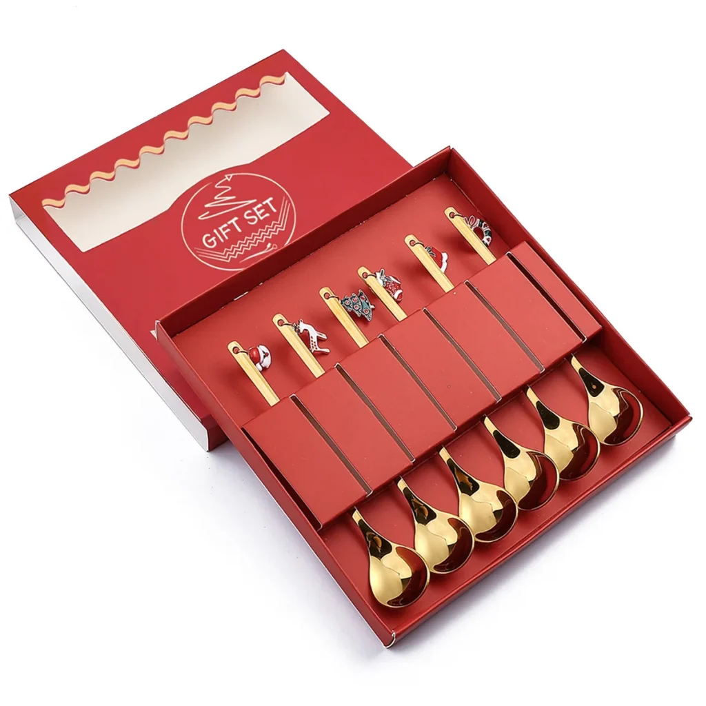 6pcs/set Christmas Gift Stainless Steel Coffee Stirring Spoon Dessert Fork Teaspoon With Gift Box for Xmas Party Tableware Decor