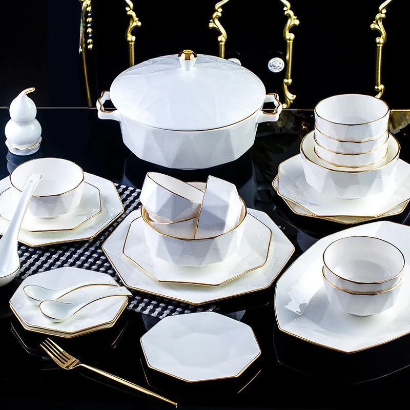 Luxury Nordic Tableware for Restaurant Royal Gold Rim Bone China Bowl Spoon Plates Sets White Diamond Ceramic Dinnerware