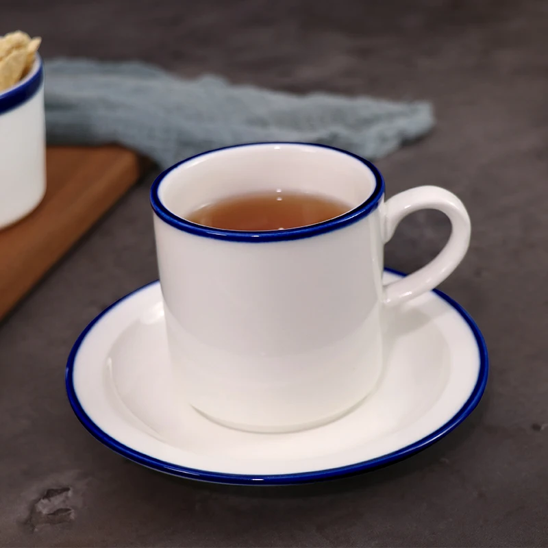 Элегантный синий край, чашка для эспрессо, 80 мл, набор кофейных чашек с воздушной линией, с блюдцем, 110 мл, 350 мл, керамические чайные чашки для ресторана, кафе, блюдца