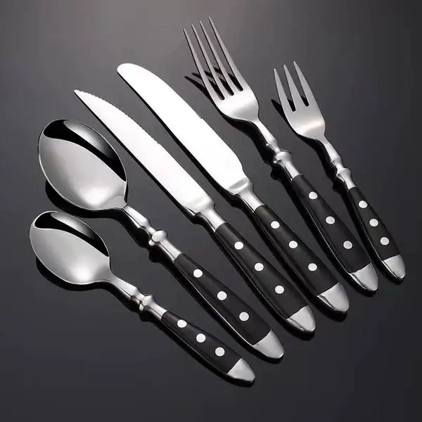 European Design Flatware Set Bakelite Wooden Handle Stainless Steel Knife Fork Spoon for Parties Modern Style Sustainable