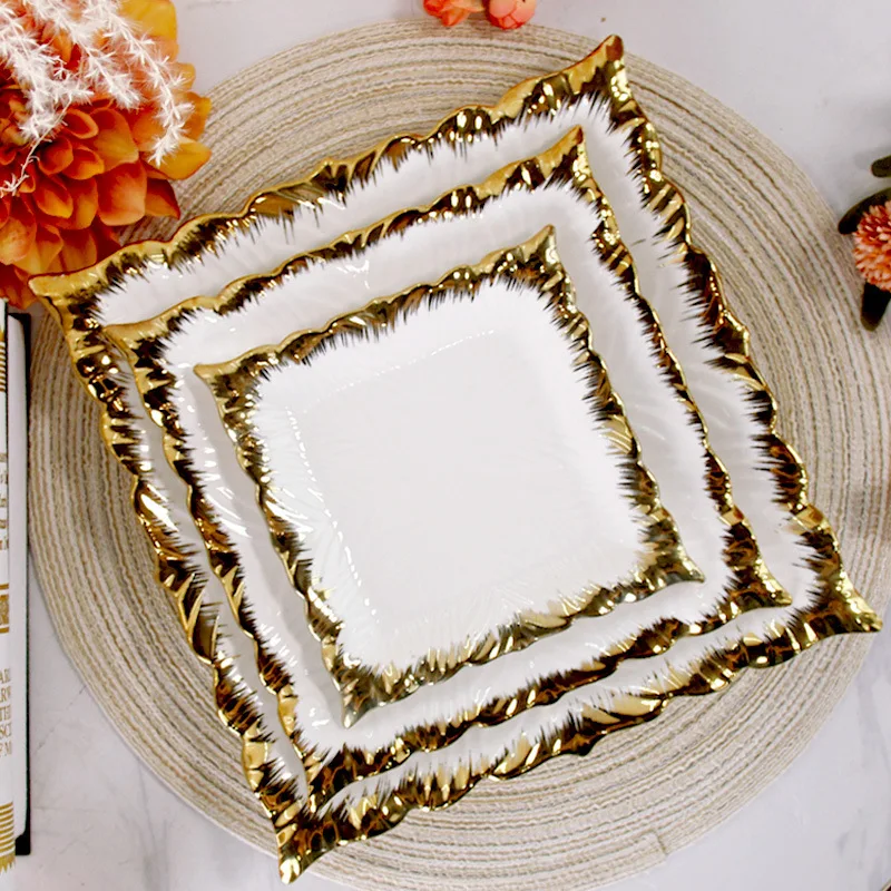 Nordic Styleluxury Gold Edged Ceramic Dishes Home Western Food Plates Steak Fruit Salad Bowl  Tableware Wholesale