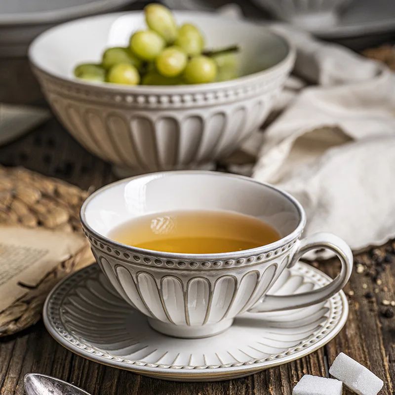 Vintage Nordic Home Embossed White Glaze Ceramic Tableware Stoneware Dinnerware Plates Bowls and Cup Set