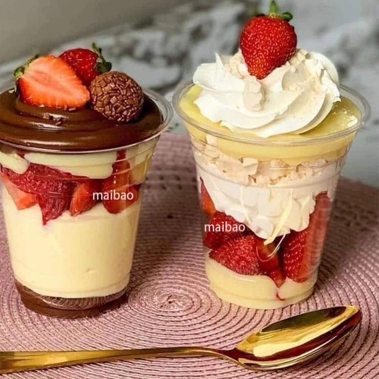 Одноразовый пластиковый стаканчик с индивидуальным логотипом, 10 унций, 12 унций, чашка для молочного пудинга с двойной кожей, прозрачная чашка для десерта с желейным муссом и тирамису с крышкой