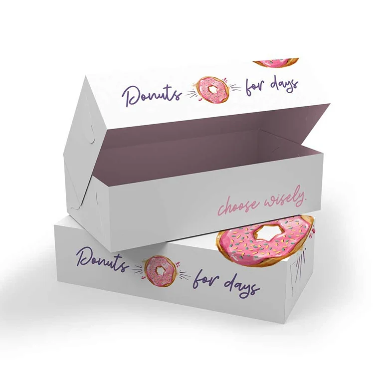 Оптовая продажа, роскошный розовый, белый картон, одиночные 6, 12, 24 отверстия, кекс, печенье, хлебобулочные изделия, обычная печатная коробка для пончиков