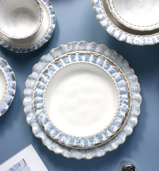 French Ceramic Porcelain Plate Household Soup Bowl Blue Flower Edge Ceramic Cup Dinnerware