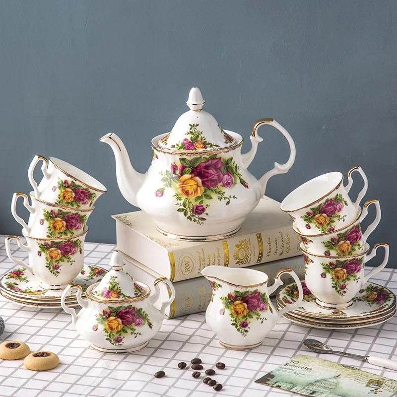 Luxury 15pcs Bone China Tea Cup and Coffee Pot Set Ceramic Cups for Tea and Coffee for Household Use