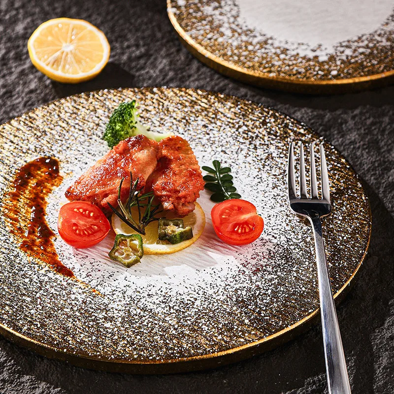 Посуда, винтажные керамические тарелки, набор тарелок, японская глазурь, обеденная тарелка, стейк, золотая посуда, тарелка, оптовая продажа для отеля