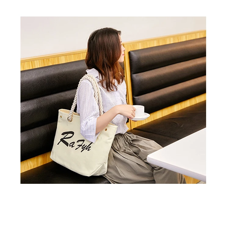 Персонализированная модная перерабатываемая экологически чистая сумка для покупок из необработанного хлопка с боковой стороны плеча Хлопковая сумка-тоут с веревочной ручкой