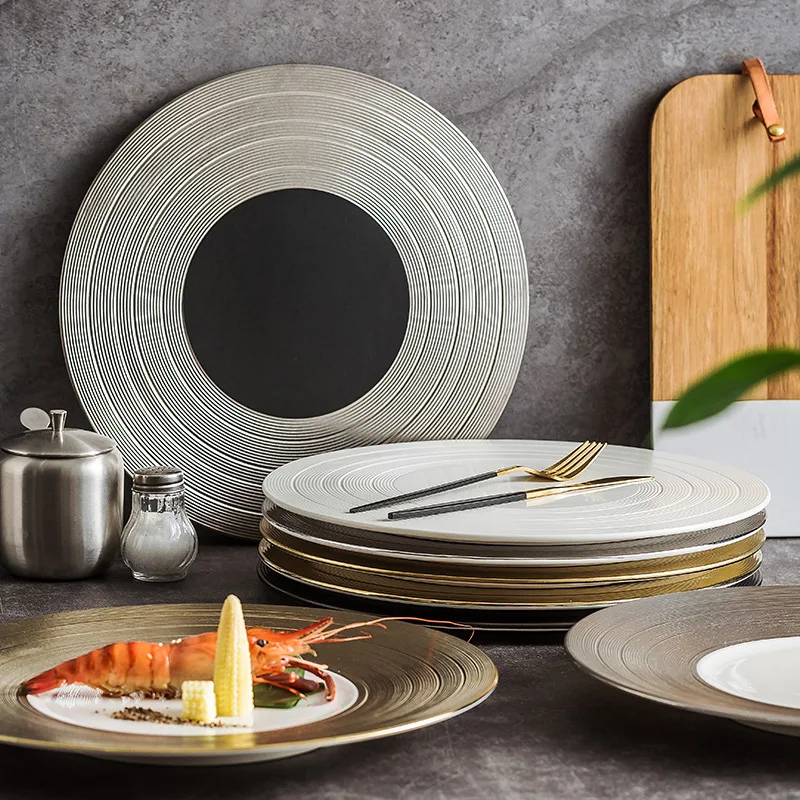 High-End 12-Inch European Style French Food Flat Steak Dinner Plates Gold-Plated Brushed Ceramic for Hotels and Restaurants