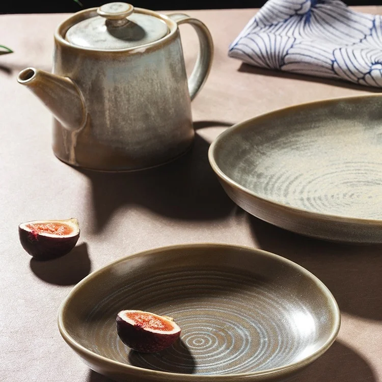 Посуда, посуда, оптовая цена, высококачественная керамика, прочная ручная роспись, обеденный набор с зелено-коричневой оправой