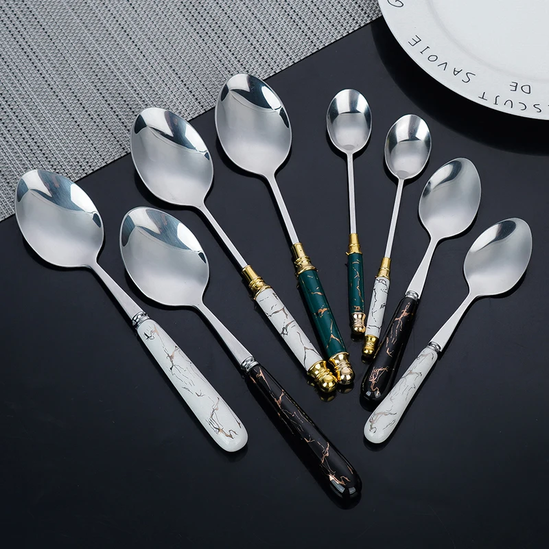Роскошный набор столовых приборов из нержавеющей стали из 6 предметов с черно-белой и зеленой мраморной ручкой Идеальный набор кухонных столовых приборов