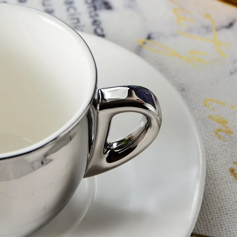 Modern European Design Silver Plated White Ceramic Tea Cups & Saucers Set Popular Afternoon Tea & Coffee Plate Design
